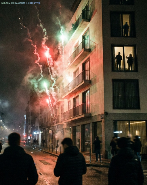 Pirotecnia junto ao hotel do Sporting durante a madrugada